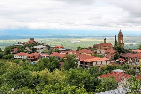 Sighnaghi's red-roofed old town overlooking the Alazani Valley in Kakheti
