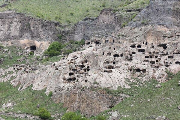 Vardzia's rock-cut monastery chambers above the Mtkvari valley in Georgia