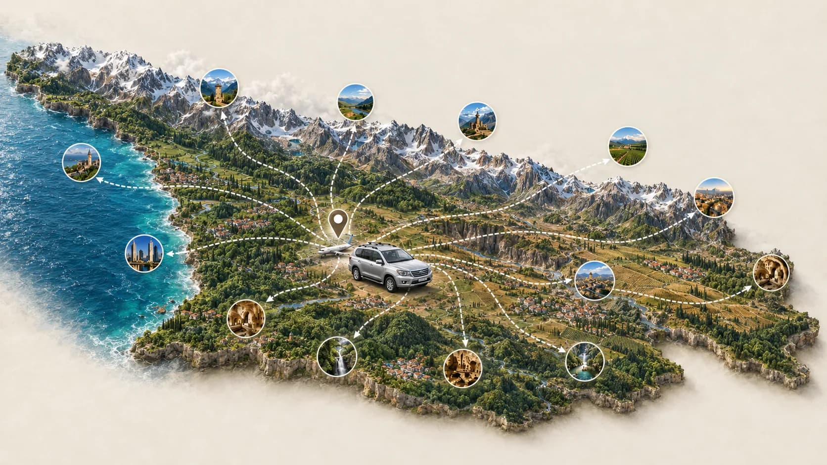 Illustrated map of Georgia with destinations reachable from Kutaisi