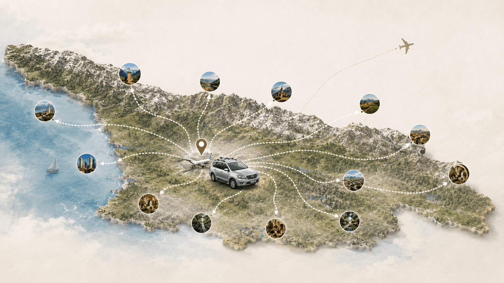 Illustrated map of Georgia with destinations reachable from Kutaisi